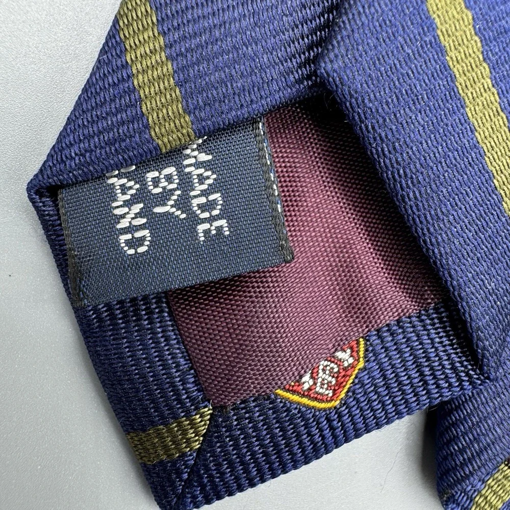 Vintage Polo Ralph Navy Stripe Club Crest Shield Tie Silk USA Embroidered